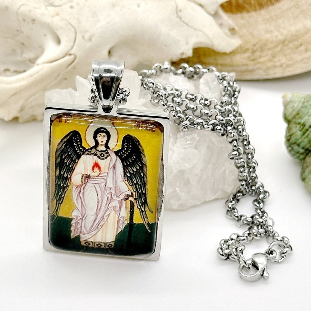 BEAUTIFUL Glass Arch Angel Michael Silver Protection Necklace Pendant